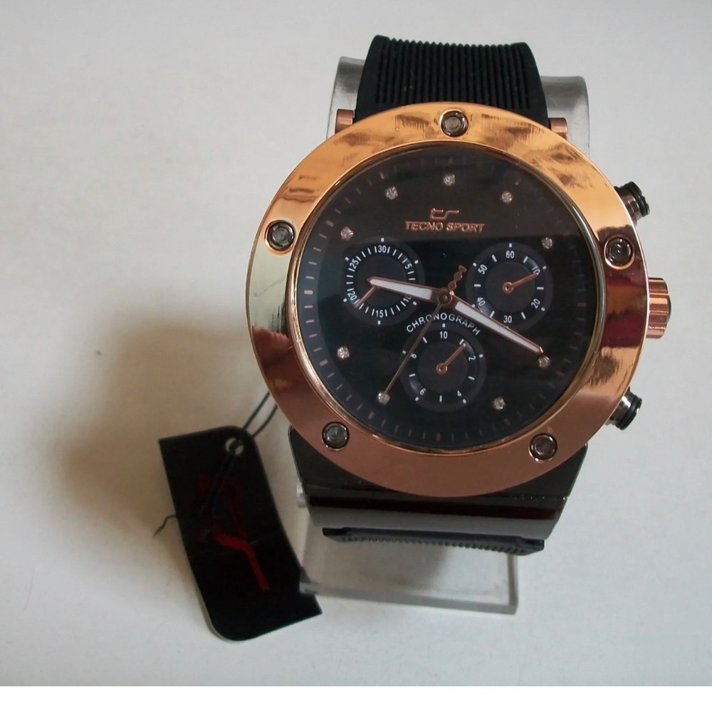 Men’s Rose Gold Finish Tecno Sport Black Silicone Band Fashion Hip Hop Watch